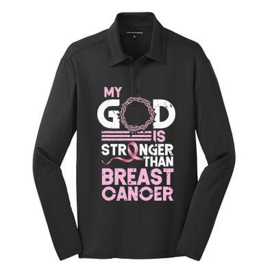 My God Is Stronger Than Breast Cancer Awareness Christian Silk Touch Performance Long Sleeve Polo