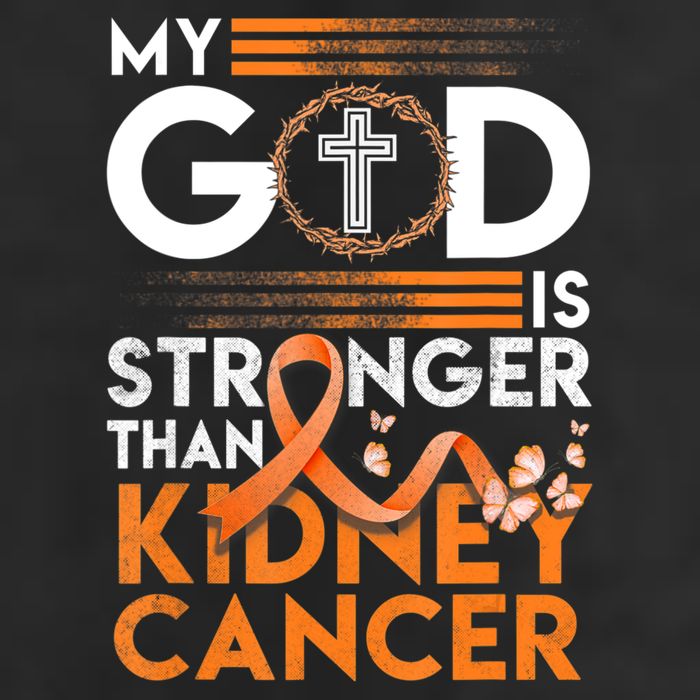 My God Is Stronger Than Kidney Cancer Awareness 7 Panel Mesh Trucker Snapback Hat