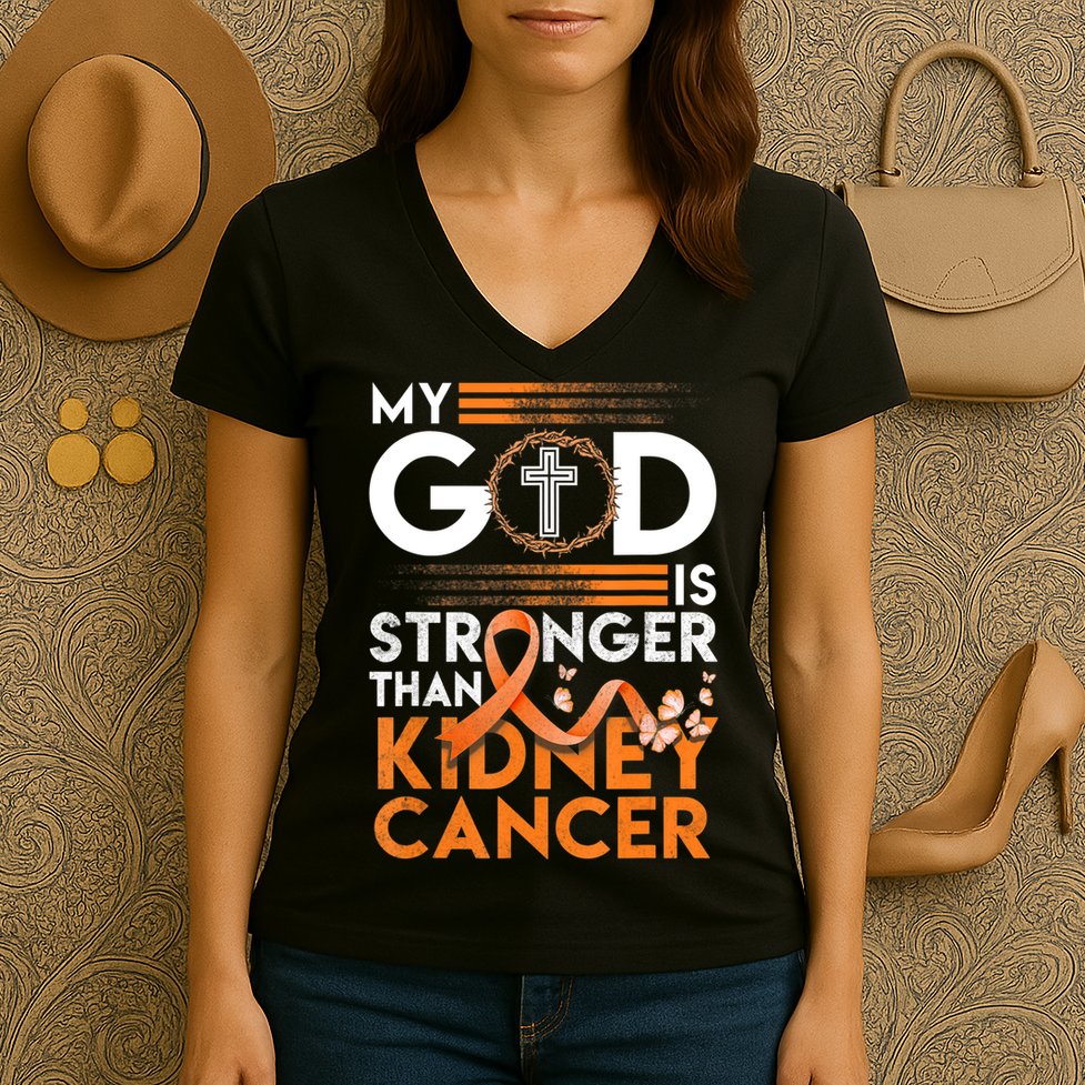My God Is Stronger Than Kidney Cancer Awareness Women's V-Neck T-Shirt