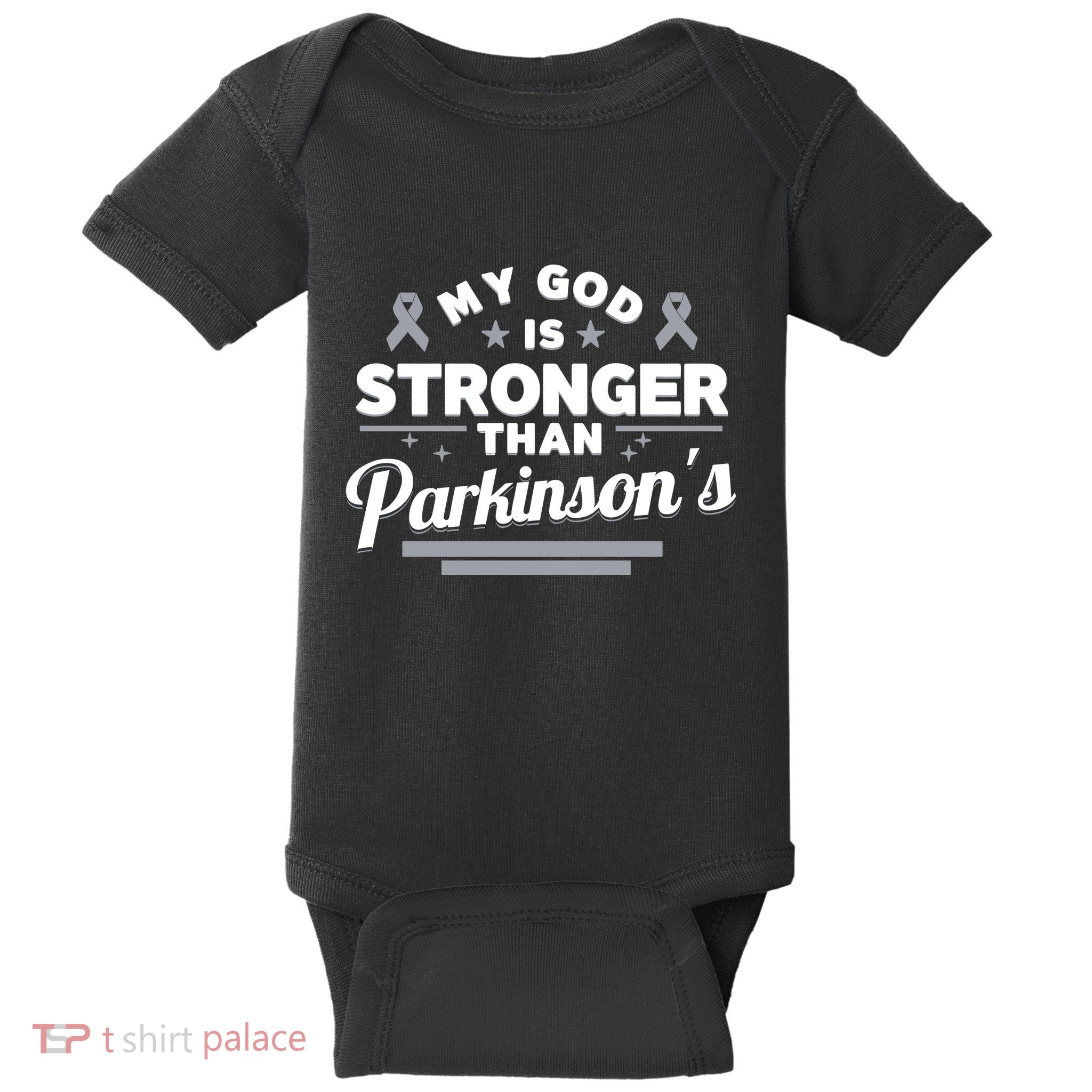 My God Is Stronger Than ParkinsonS Disease Faith Ribbon Baby Bodysuit