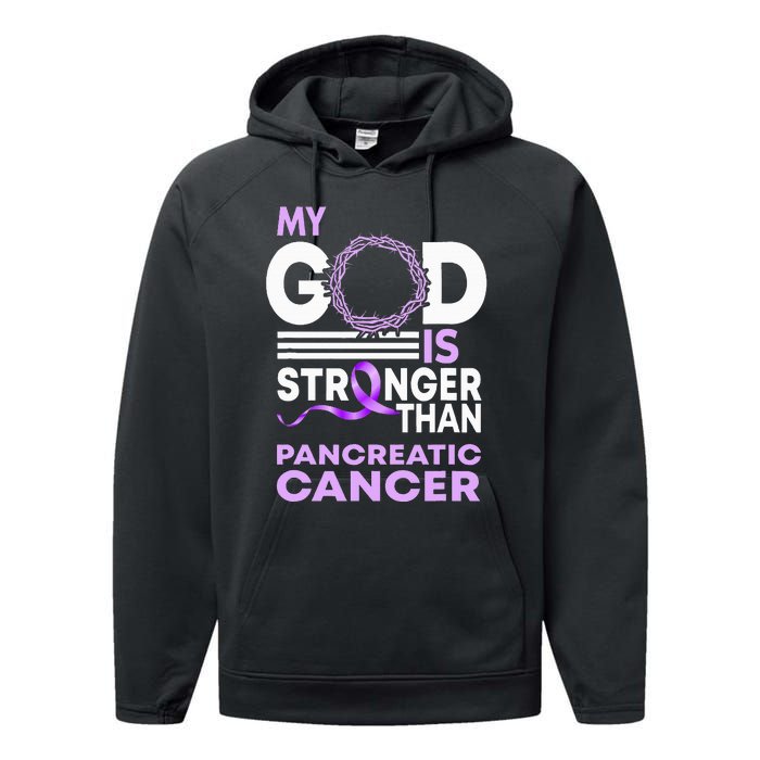 My God Is Stronger Than Pancreatic Cancer Awareness Ribbon Performance Fleece Hoodie