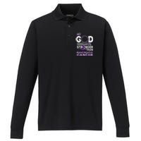 My God Is Stronger Than Pancreatic Cancer Awareness Ribbon Performance Long Sleeve Polo