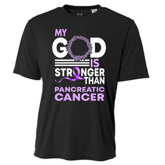 My God Is Stronger Than Pancreatic Cancer Awareness Ribbon Cooling Performance Crew T-Shirt