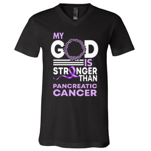 My God Is Stronger Than Pancreatic Cancer Awareness Ribbon V-Neck T-Shirt