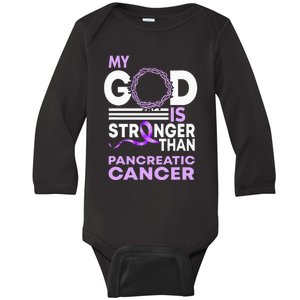 My God Is Stronger Than Pancreatic Cancer Awareness Ribbon Baby Long Sleeve Bodysuit