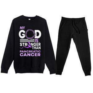 My God Is Stronger Than Pancreatic Cancer Awareness Ribbon Premium Crewneck Sweatsuit Set