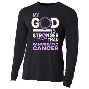 My God Is Stronger Than Pancreatic Cancer Awareness Ribbon Cooling Performance Long Sleeve Crew