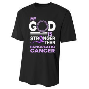 My God Is Stronger Than Pancreatic Cancer Awareness Ribbon Performance Sprint T-Shirt