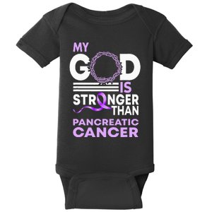 My God Is Stronger Than Pancreatic Cancer Awareness Ribbon Baby Bodysuit