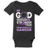 My God Is Stronger Than Pancreatic Cancer Awareness Ribbon Baby Bodysuit