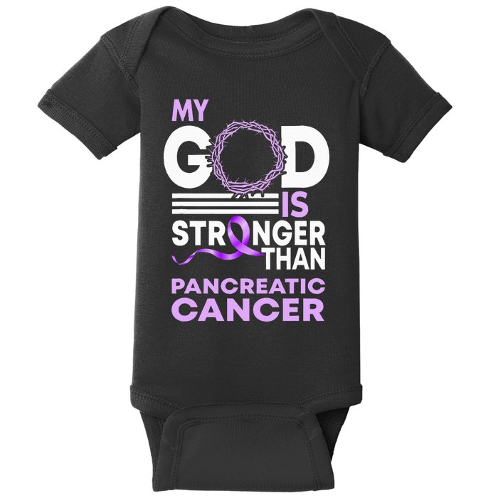 My God Is Stronger Than Pancreatic Cancer Awareness Ribbon Baby Bodysuit