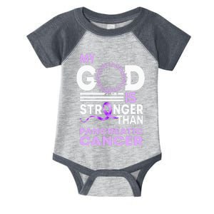 My God Is Stronger Than Pancreatic Cancer Awareness Ribbon Infant Baby Jersey Bodysuit