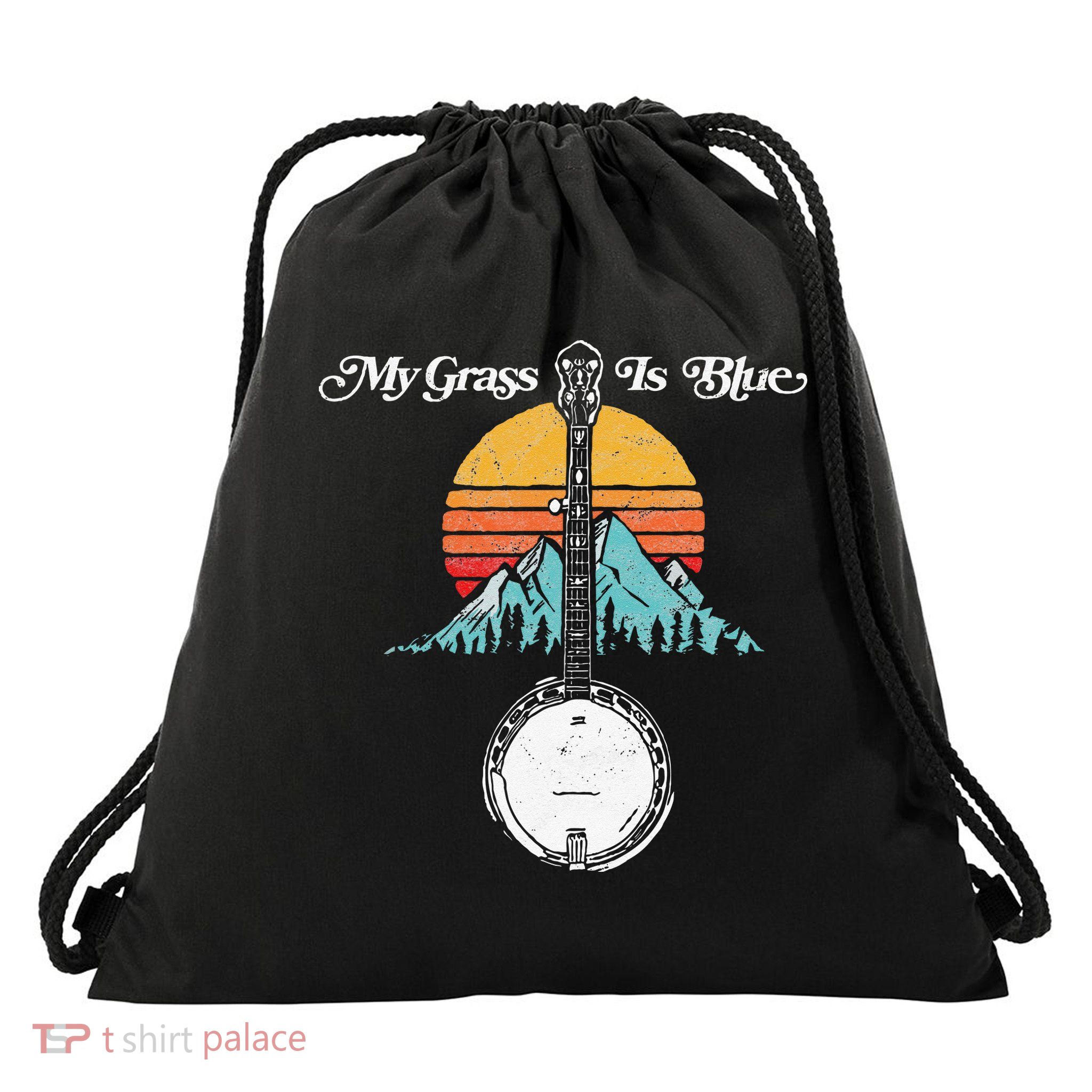 My Grass Is Blue Retro Rocky Mountain Banjo Bluegrass Drawstring Bag