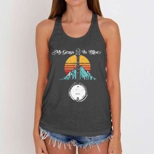 My Grass Is Blue Retro Rocky Mountain Banjo Bluegrass Women's Knotted Racerback Tank