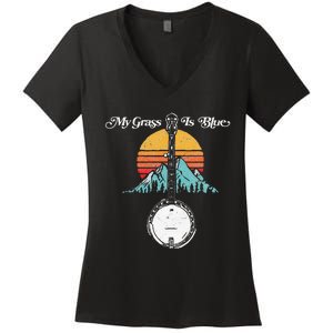 My Grass Is Blue Retro Rocky Mountain Banjo Bluegrass Women's V-Neck T-Shirt