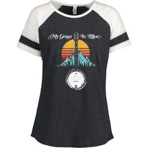 My Grass Is Blue Retro Rocky Mountain Banjo Bluegrass Enza Ladies Jersey Colorblock Tee