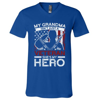 My Grandma Is My Hero Usa Flag Proud American Veteran Mom Gift V-Neck T-Shirt