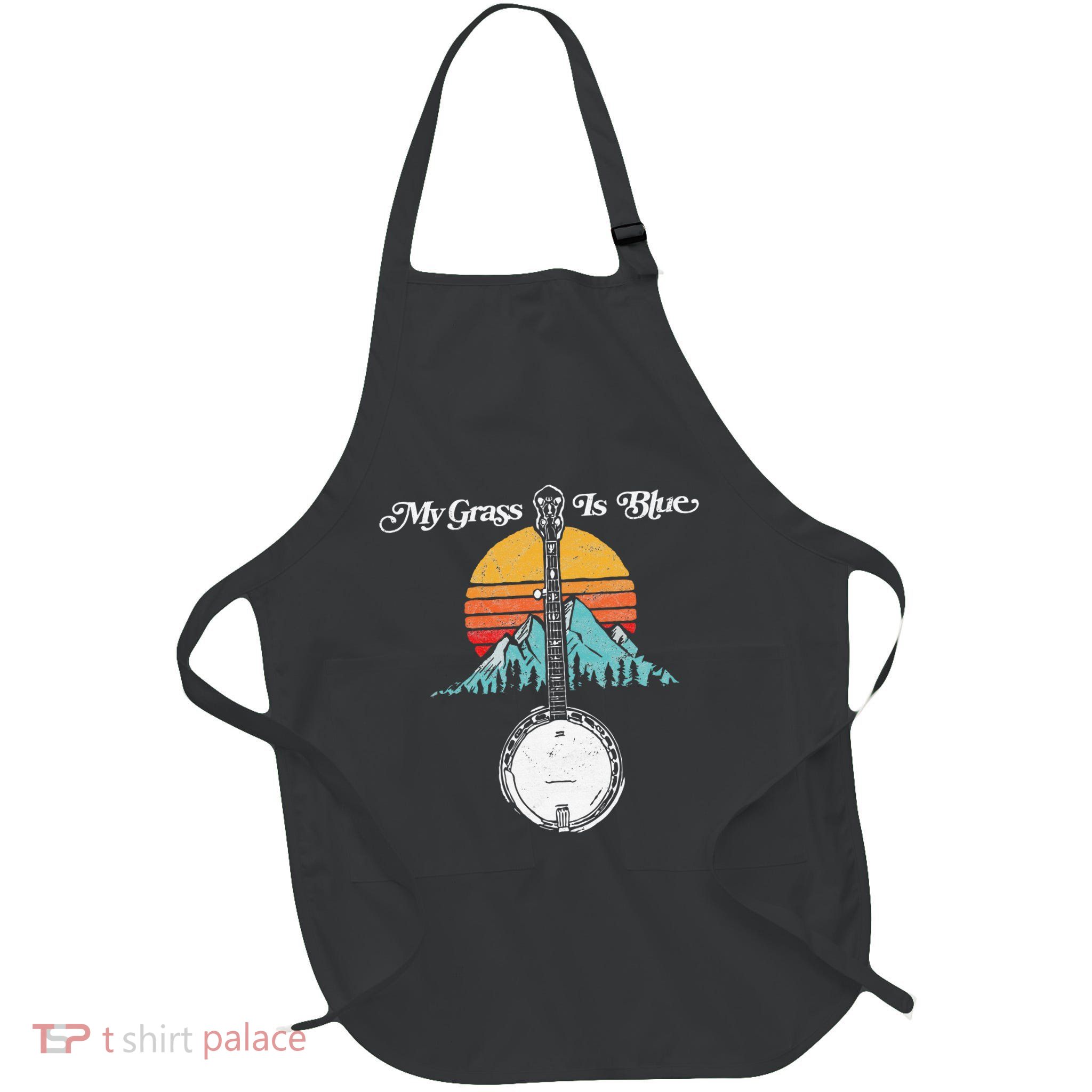 My Grass Is Blue Retro Rocky Mountain Banjo Bluegrass Full-Length Apron With Pockets