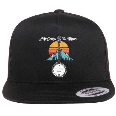 My Grass Is Blue Retro Rocky Mountain Banjo Bluegrass Flat Bill Trucker Hat