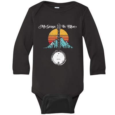 My Grass Is Blue Retro Rocky Mountain Banjo Bluegrass Baby Long Sleeve Bodysuit