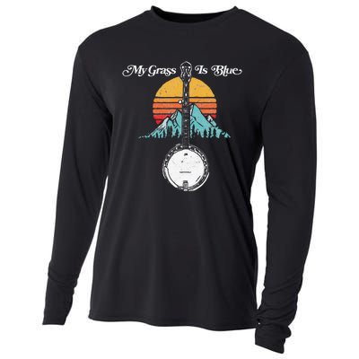 My Grass Is Blue Retro Rocky Mountain Banjo Bluegrass Cooling Performance Long Sleeve Crew