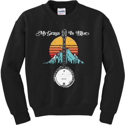 My Grass Is Blue Retro Rocky Mountain Banjo Bluegrass Kids Sweatshirt