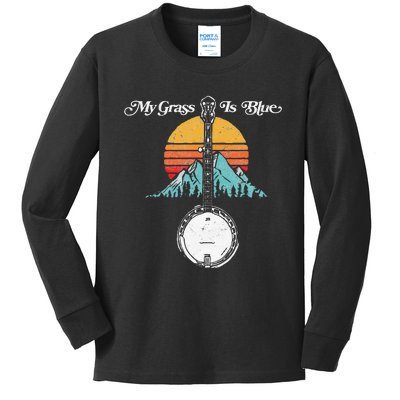 My Grass Is Blue Retro Rocky Mountain Banjo Bluegrass Kids Long Sleeve Shirt