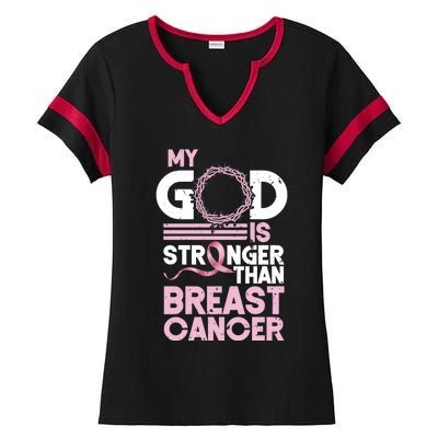 My God Is Stronger Than Breast Cancer Awareness Christian Ladies Halftime Notch Neck Tee