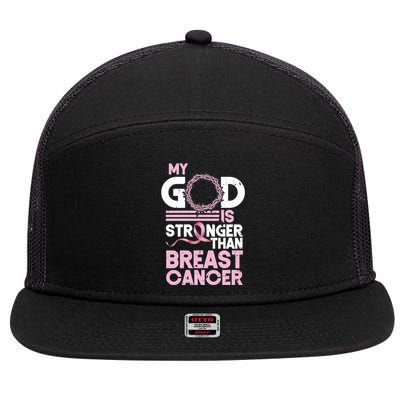 My God Is Stronger Than Breast Cancer Awareness Christian 7 Panel Mesh Trucker Snapback Hat