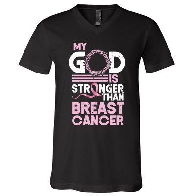 My God Is Stronger Than Breast Cancer Awareness Christian V-Neck T-Shirt