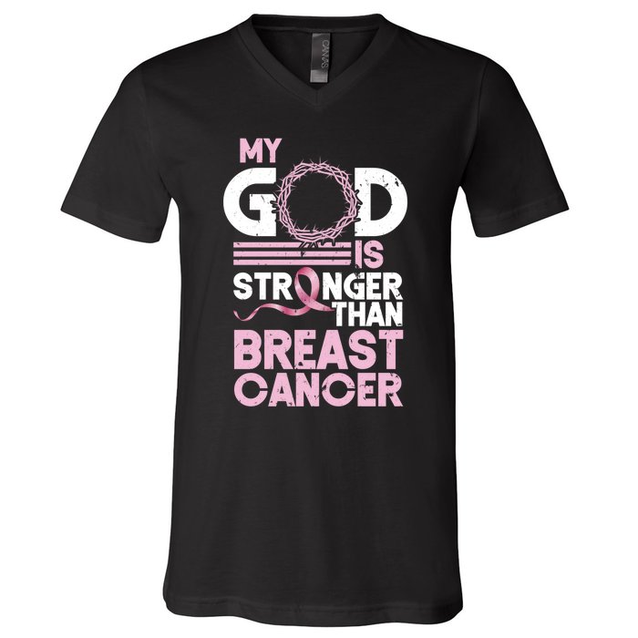 My God Is Stronger Than Breast Cancer Awareness Christian V-Neck T-Shirt