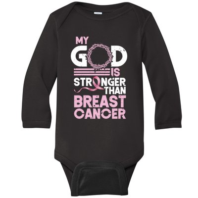 My God Is Stronger Than Breast Cancer Awareness Christian Baby Long Sleeve Bodysuit