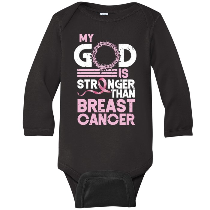 My God Is Stronger Than Breast Cancer Awareness Christian Baby Long Sleeve Bodysuit