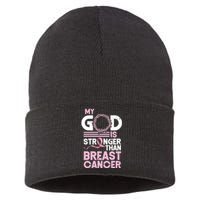 My God Is Stronger Than Breast Cancer Awareness Christian Sustainable Knit Beanie