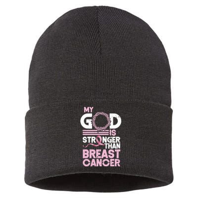 My God Is Stronger Than Breast Cancer Awareness Christian Sustainable Knit Beanie