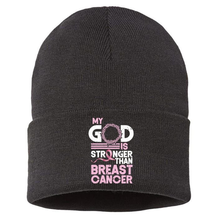 My God Is Stronger Than Breast Cancer Awareness Christian Sustainable Knit Beanie