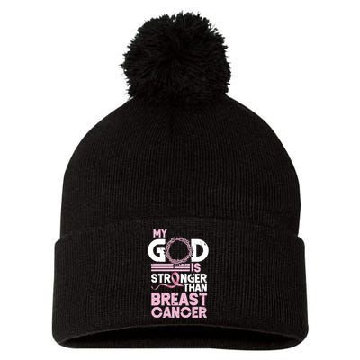 My God Is Stronger Than Breast Cancer Awareness Christian Pom Pom 12in Knit Beanie