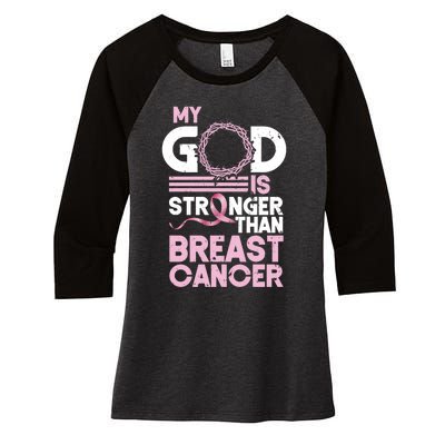 My God Is Stronger Than Breast Cancer Awareness Christian Women's Tri-Blend 3/4-Sleeve Raglan Shirt