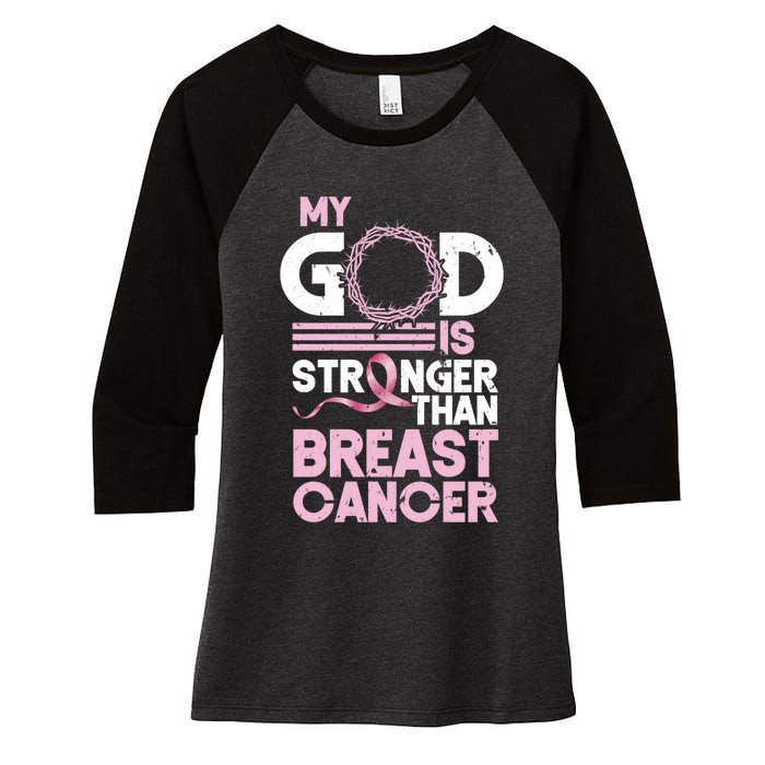 My God Is Stronger Than Breast Cancer Awareness Christian Women's Tri-Blend 3/4-Sleeve Raglan Shirt