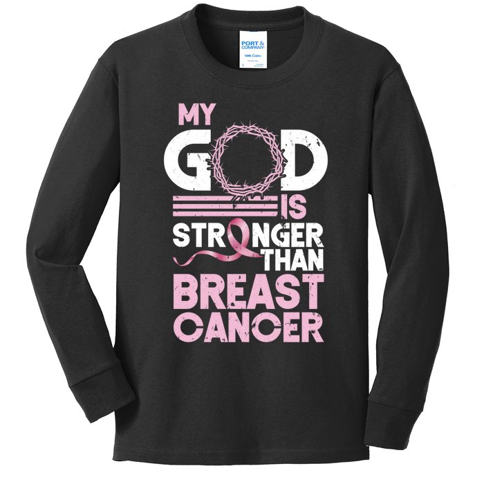 My God Is Stronger Than Breast Cancer Awareness Christian Kids Long Sleeve Shirt