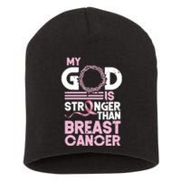 My God Is Stronger Than Breast Cancer Awareness Christian Short Acrylic Beanie