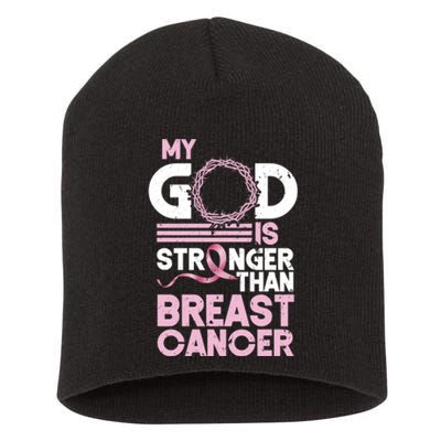 My God Is Stronger Than Breast Cancer Awareness Christian Short Acrylic Beanie