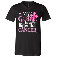 My God Is Bigger Than Cancer Breast Cancer Awareness Jesus V-Neck T-Shirt