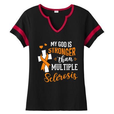 My God is Stronger Than Multiple Sclerosis Warrior Fighter Ladies Halftime Notch Neck Tee