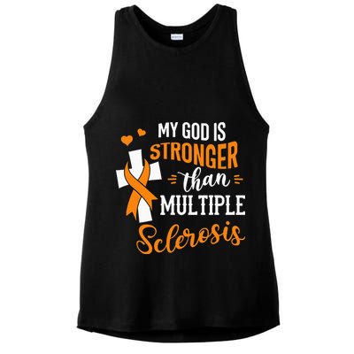 My God is Stronger Than Multiple Sclerosis Warrior Fighter Ladies PosiCharge Tri-Blend Wicking Tank