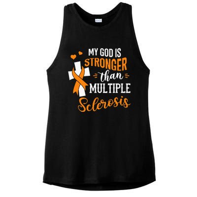 My God is Stronger Than Multiple Sclerosis Warrior Fighter Ladies PosiCharge Tri-Blend Wicking Tank