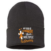 My God is Stronger Than Multiple Sclerosis Warrior Fighter Sustainable Knit Beanie