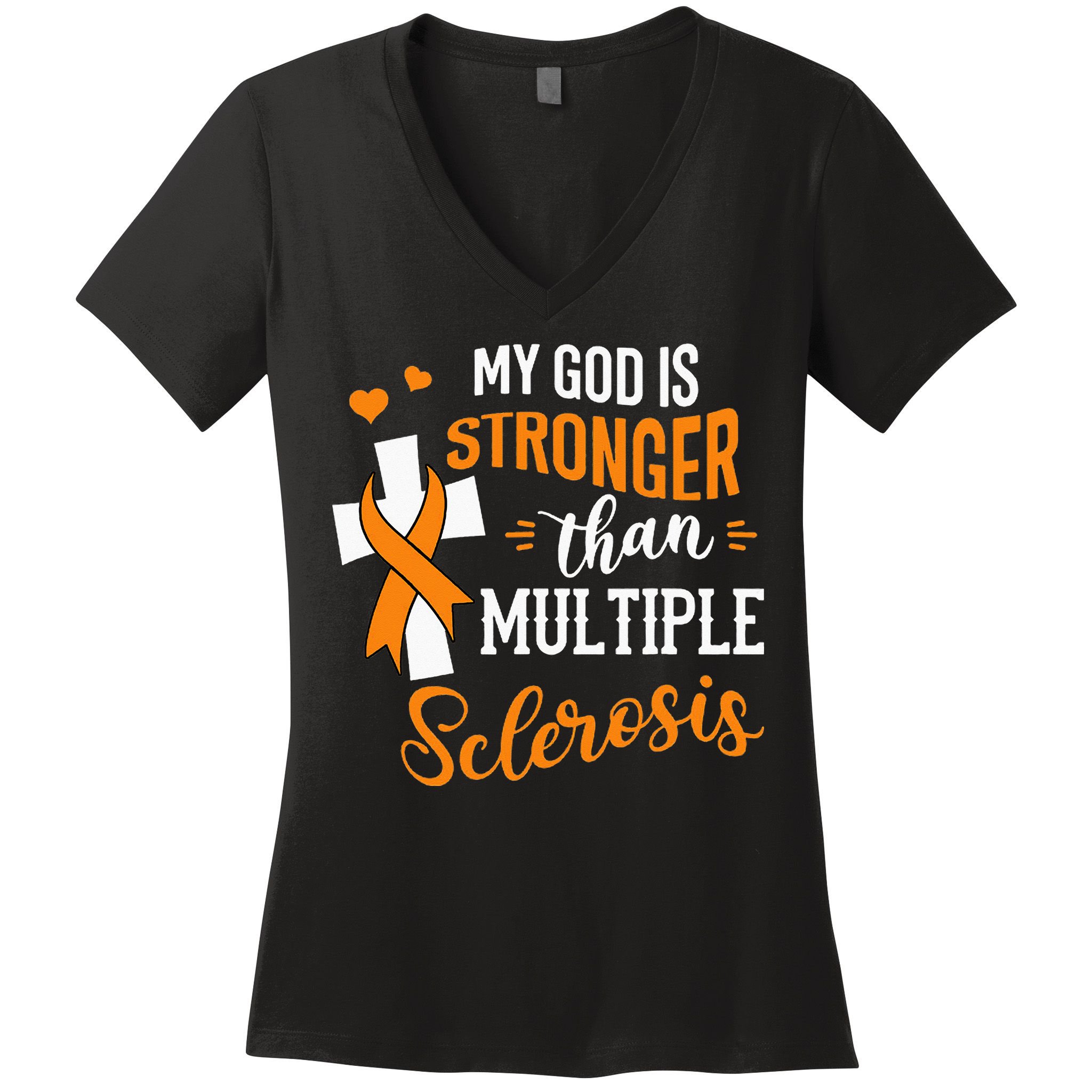 My God is Stronger Than Multiple Sclerosis Warrior Fighter Women's V-Neck T-Shirt