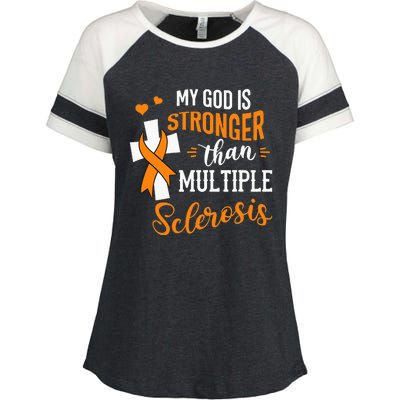 My God is Stronger Than Multiple Sclerosis Warrior Fighter Enza Ladies Jersey Colorblock Tee