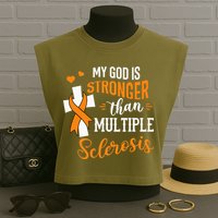 My God is Stronger Than Multiple Sclerosis Warrior Fighter Garment-Dyed Women's Muscle Tee